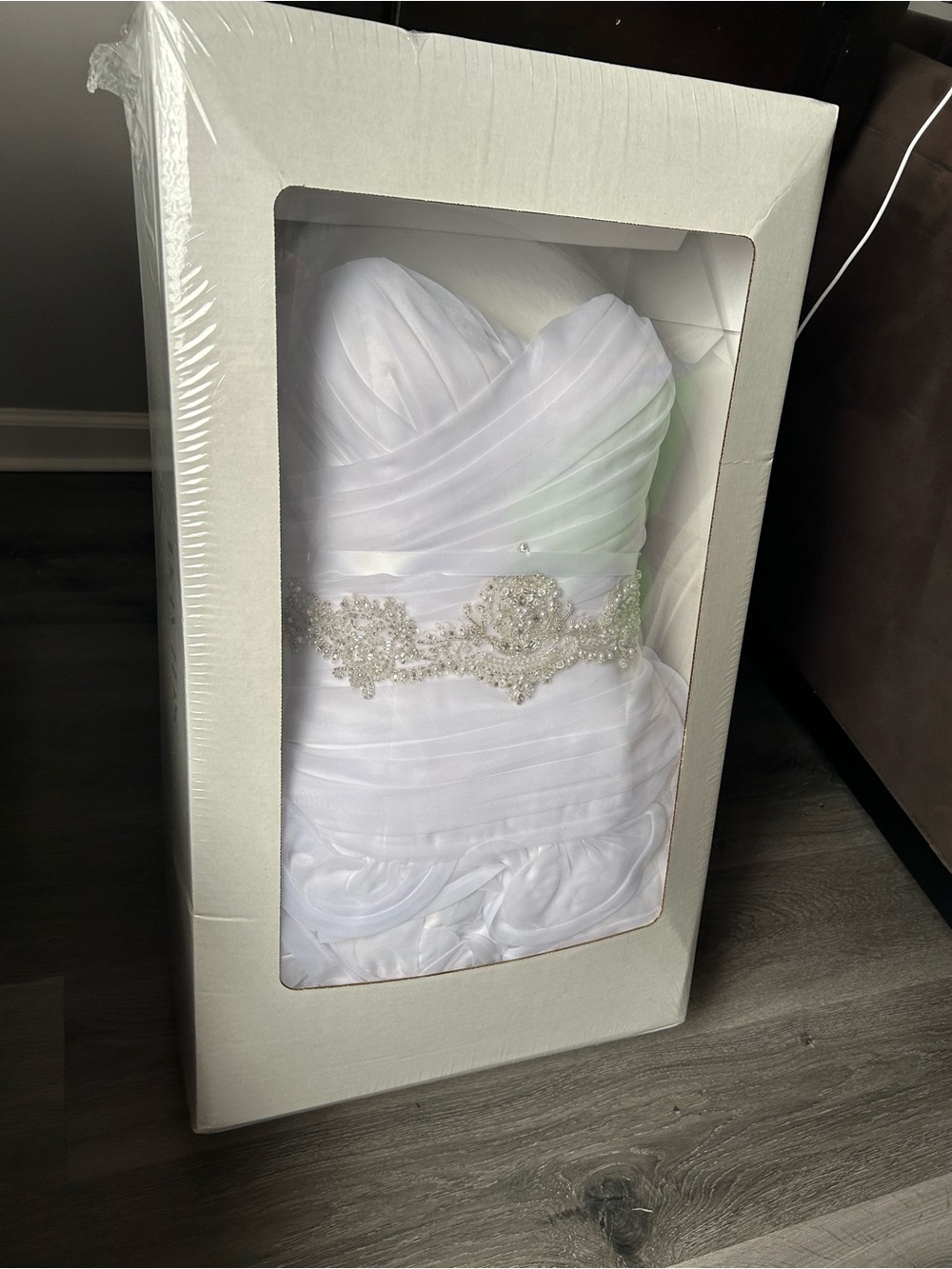 White Strapless Bridal Gown with Beaded Waist Sash